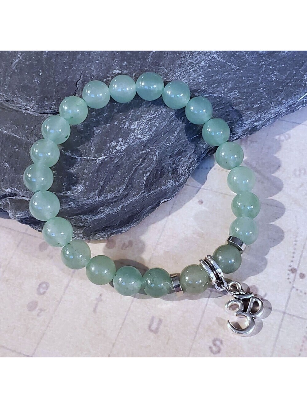 Om Aum Zen Mantra Mindfulness Green Aventurine Gemstone Stretch Bracelet